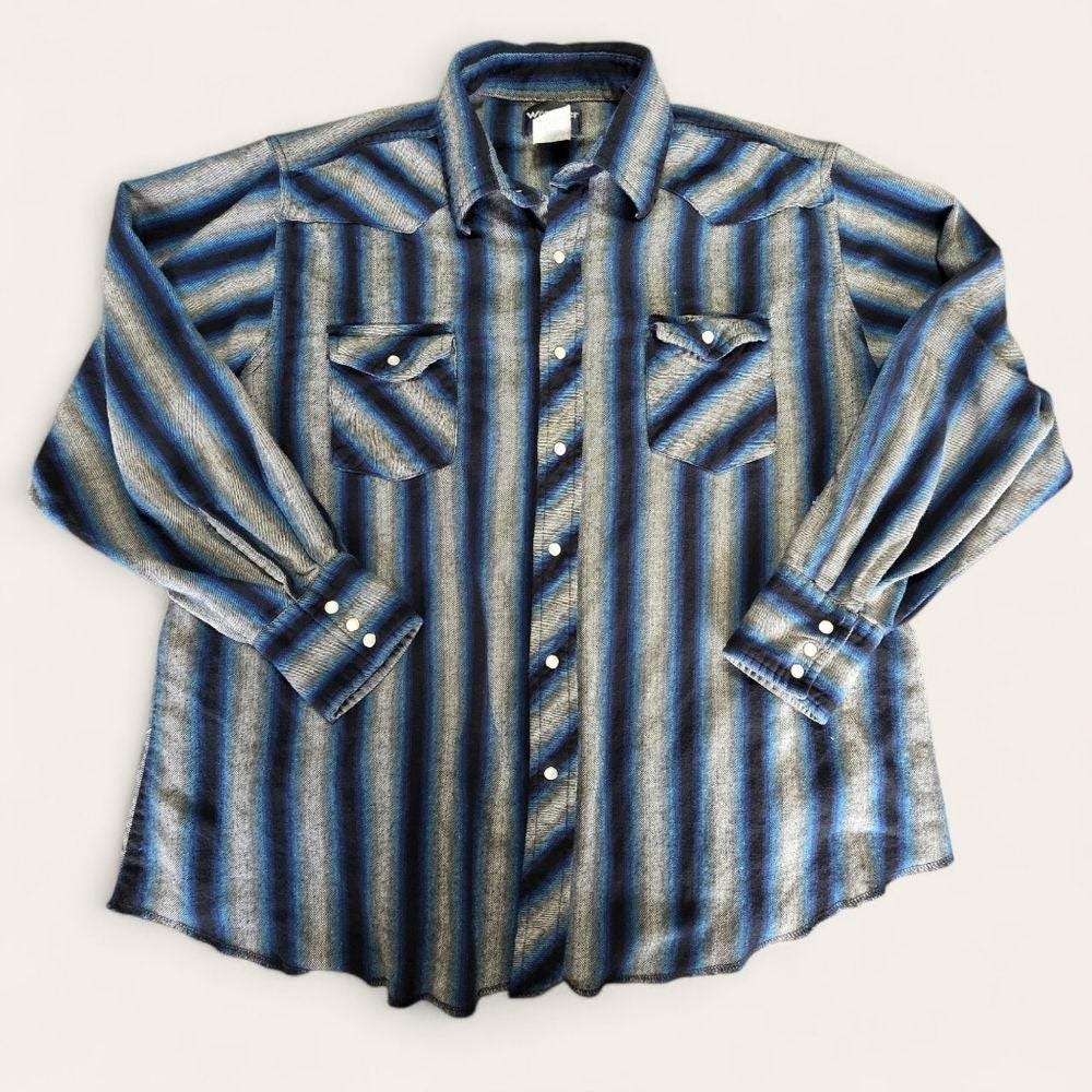 Wrangler Vintage Mens Western Pearl Snap‎ Shirt Blue Stripe Long Sleeve Large